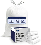 Plasticplace 5 Gallon Trash Bags - White Drawstring Garbage Bag Liners, 19" x 25" (100 Count) – Durable, Leak-Proof, Multi-Purpose Tall Kitchen, Bathroom, Office and Car TrashBags Plastic Bags 0.9 Mil