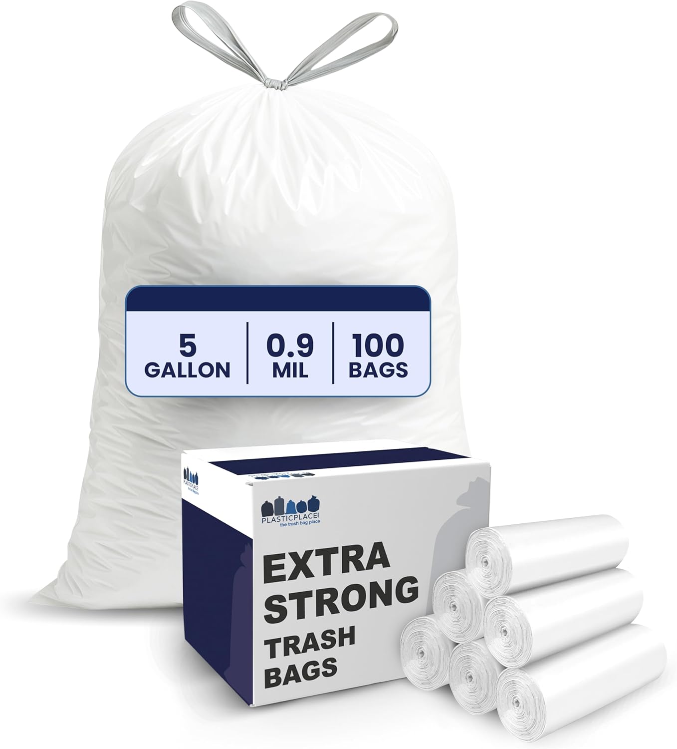 Plasticplace 5 Gallon Trash Bags - White Drawstring Garbage Bag Liners, 19" x 25" (100 Count) – Durable, Leak-Proof, Multi-Purpose Tall Kitchen, Bathroom, Office and Car TrashBags Plastic Bags 0.9 Mil