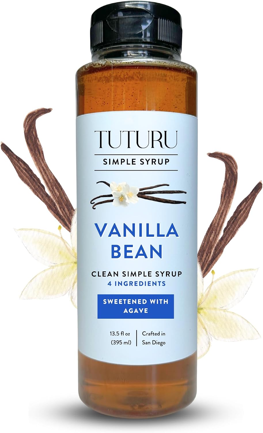 Vanilla Bean Agave Simple Syrup for Coffee & Cocktails - Sweetened with Organic Agave Nectar - Infused with Real Vanilla Bean - 13.5 oz