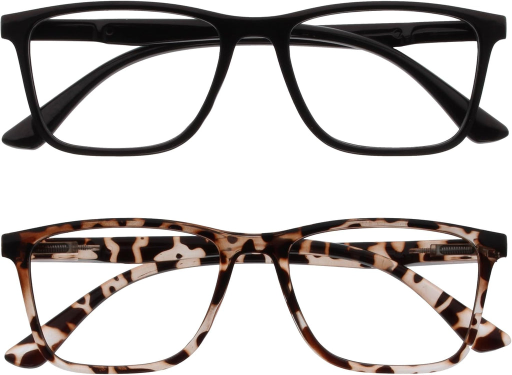 OPULIZE NYX Reading Glasses with Blue Light Blocking for Women Men, Rectangular Frame with UV & Eyestrain Protection, Anti-Glare Computer Gaming Glasses, Black, Brown +0.0 (Pack of 2)