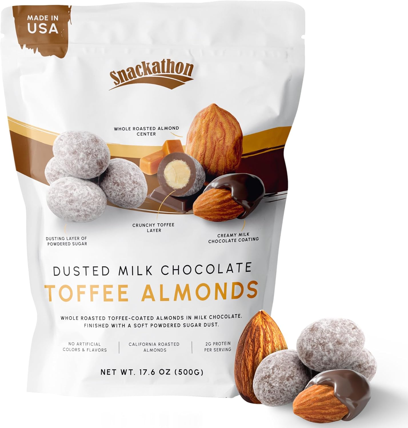 Snackathon Dusted Toffee Milk Chocolate Covered Almonds, 17.6 oz Resealable Bag, Whole Roasted Almonds Coated in Toffee and Creamy Milk Chocolate, Crunchy & Sweet Nut Snack, Made in USA