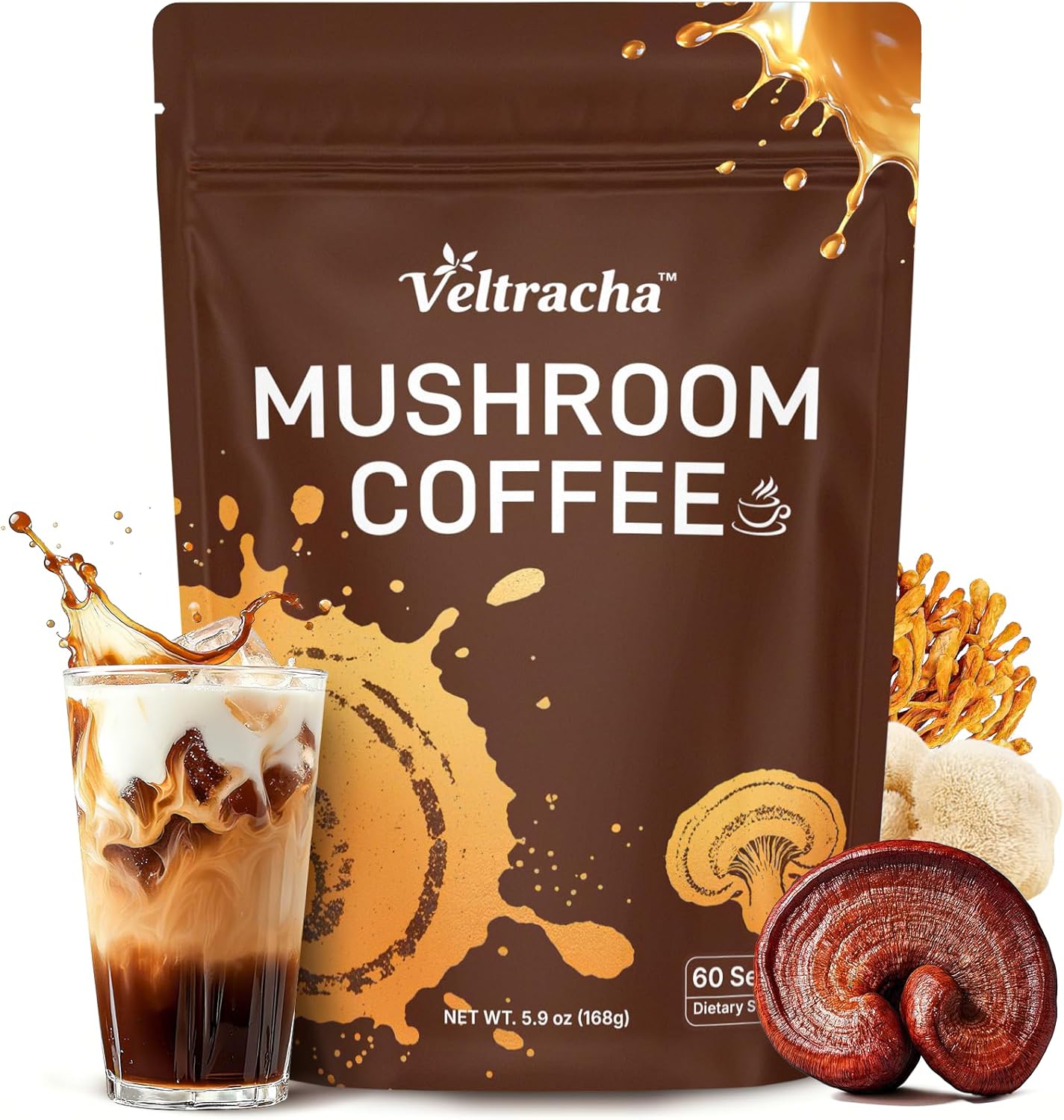 Mushroom Coffee, 60 Servings, Arabica Instant Coffee with 6 Adaptogenic Mushrooms (Lion’s Mane, Cordyceps, Turkey Tail & Other), Medium Roast Immune Boosting Coffee for Focus & Gut Health Support