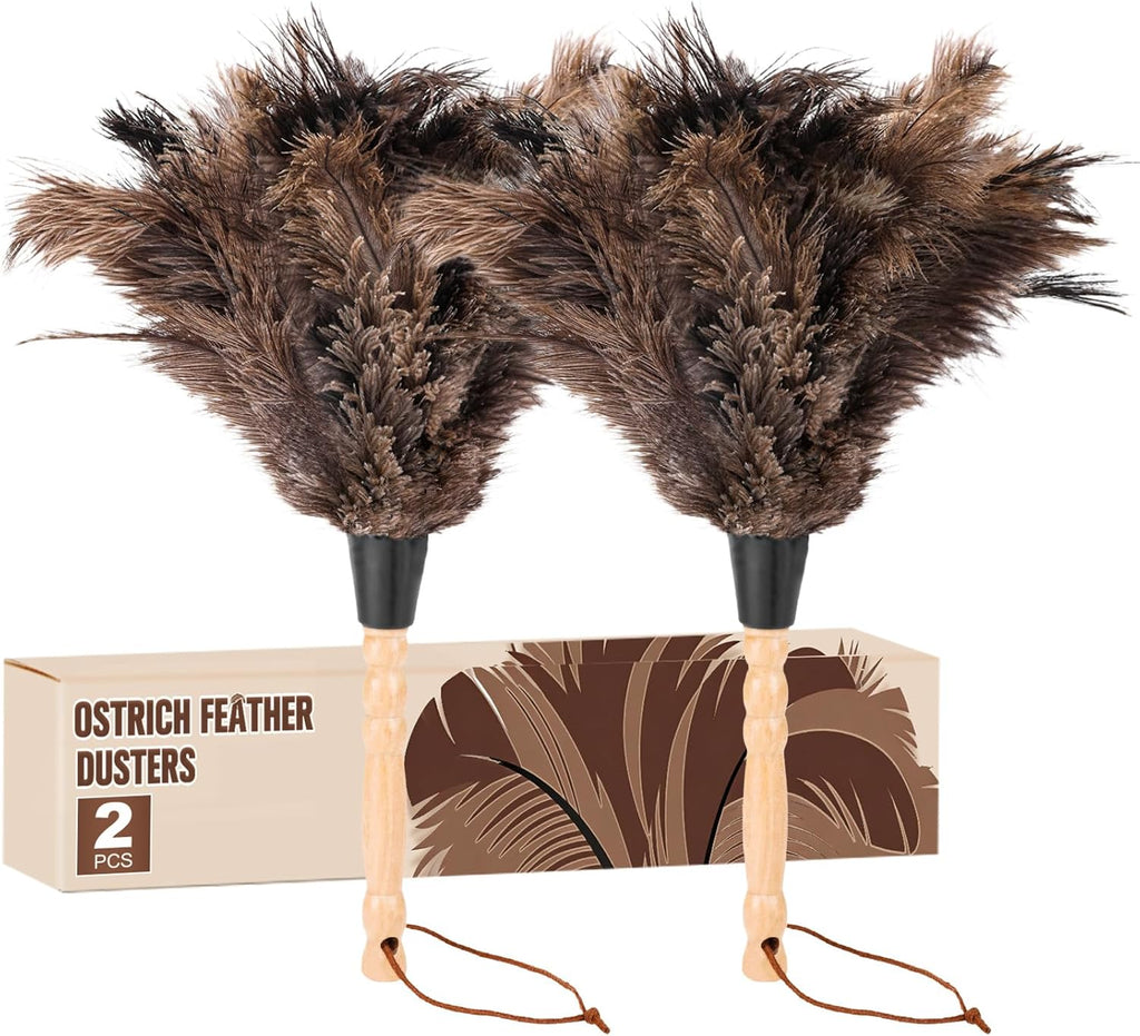 2pcs Ostrich Feather Dusters，Reusable Feather Duster with Wood Handle, Ostrich Feather Dusters for Cleaning, Office, Home, Car(Length13”