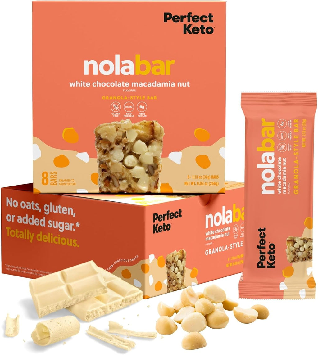 Perfect Keto Nola Bars, Gluten Free, Keto Granola Bars, Low Carb Snack or Breakfast Bar with No Sugar Added, Keto Diet Food, Healthy Snacks for Adults, 2g Net Carb, White Chocolate Macadamia, 8 Pack