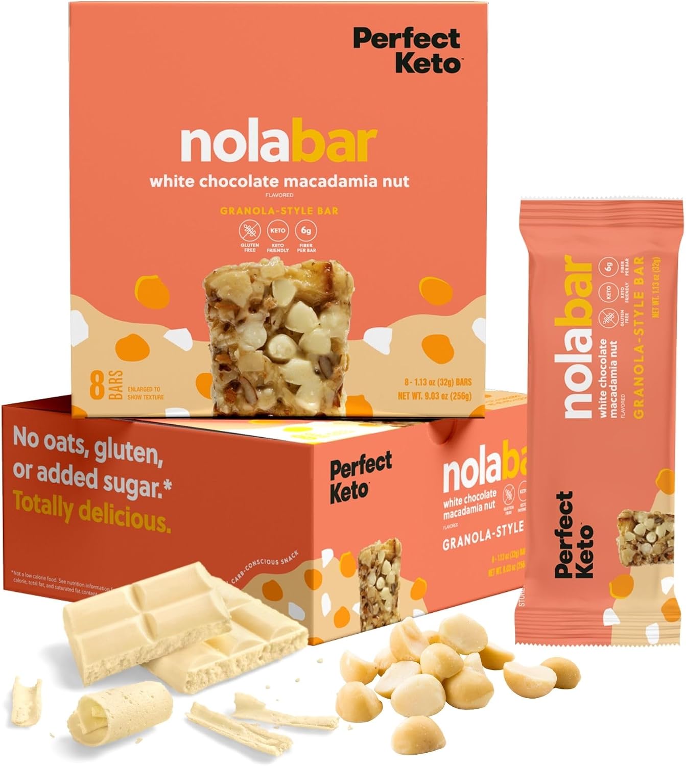 Perfect Keto Nola Bars, Gluten Free, Keto Granola Bars, Low Carb Snack or Breakfast Bar with No Sugar Added, Keto Diet Food, Healthy Snacks for Adults, 2g Net Carb, White Chocolate Macadamia, 8 Pack