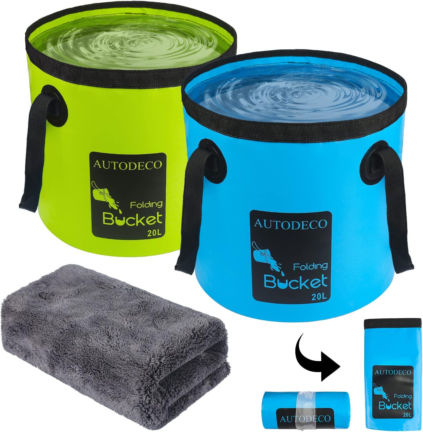 AUTODECO 2 Pack Collapsible Bucket 5 Gallon Container Folding Water Bucket Portable Wash Basin for Outdoor Travelling Camping Fishing Gardening Car Washing 20L