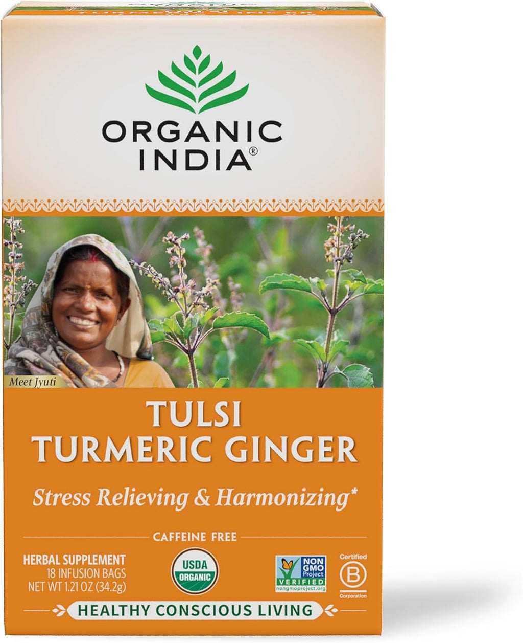ORGANIC INDIA Tulsi Turmeric Ginger Tea Bags - Herbal Tea, Stress Relieving & Harmonizing, Immune Support, Healthy Inflammatory Response, Aids Digestion, Caffeine-Free - 18 Infusion Bags, 1 Pack
