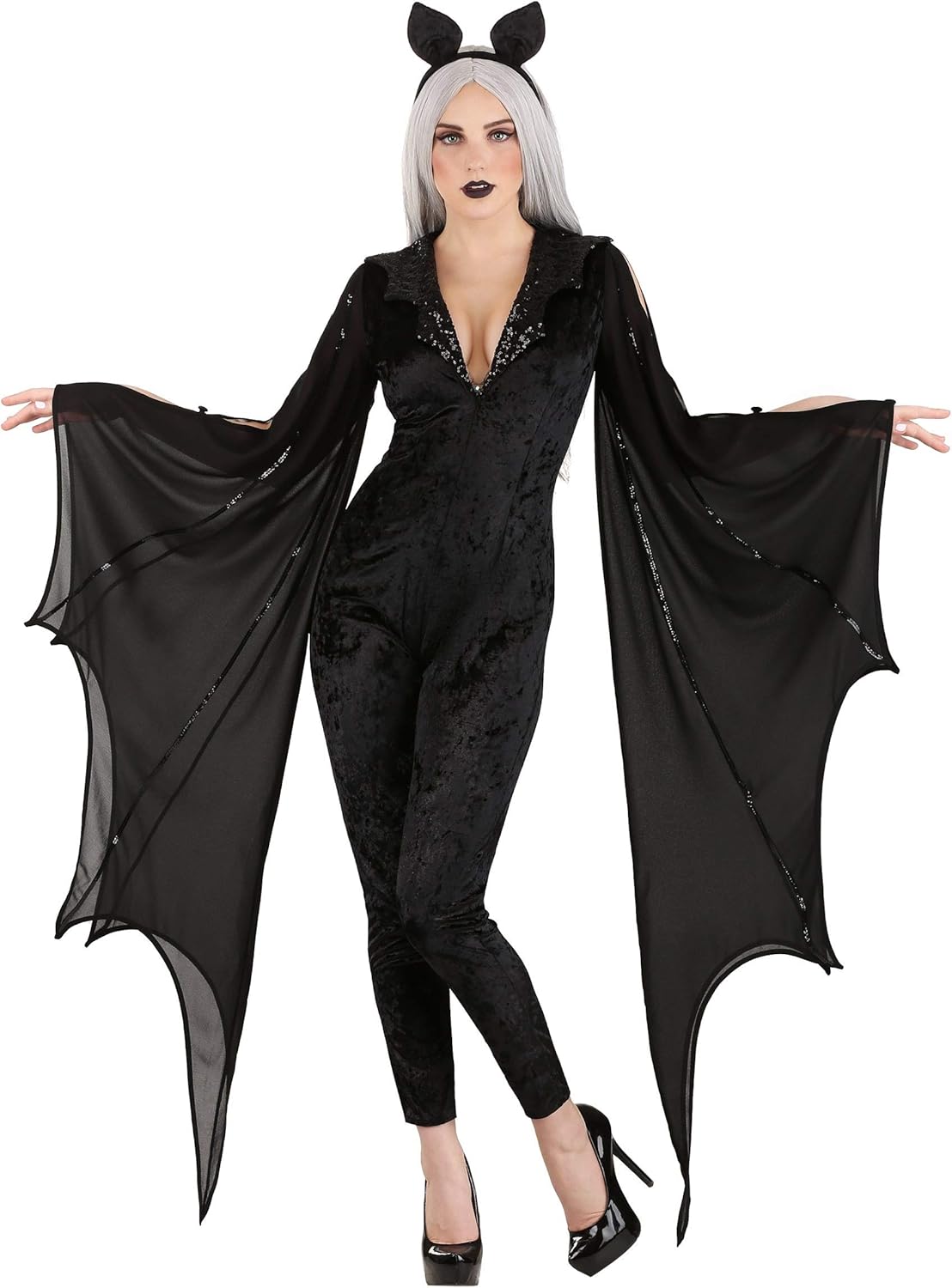 Women's Midnight Bat Costume - Velvet Jumpsuit and Headband with Ears