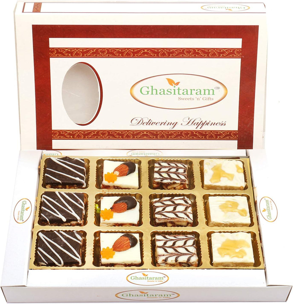 Ghasitaram Gifts Valentines Gift for Girlfriend/Boyfriend/Husband and Wife - Sweets - Assorted Chocolate Dryfruit Delight Sweets 12 pcs