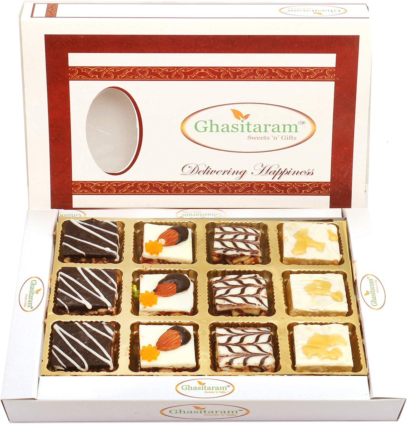 Ghasitaram Gifts Valentines Gift for Girlfriend/Boyfriend/Husband and Wife - Sweets - Assorted Chocolate Dryfruit Delight Sweets 12 pcs