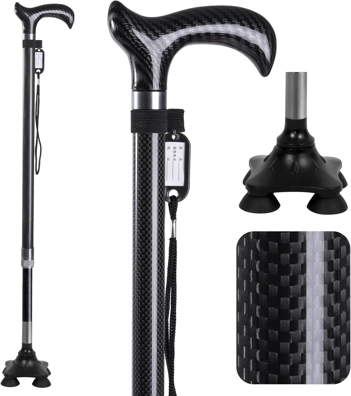 Carbon Fiber Adjustable Crutch with 4-Point Base, Lightweight Forearm Cane for Stability and Support, Ideal for Seniors and Injury Recovery (Black Handle)