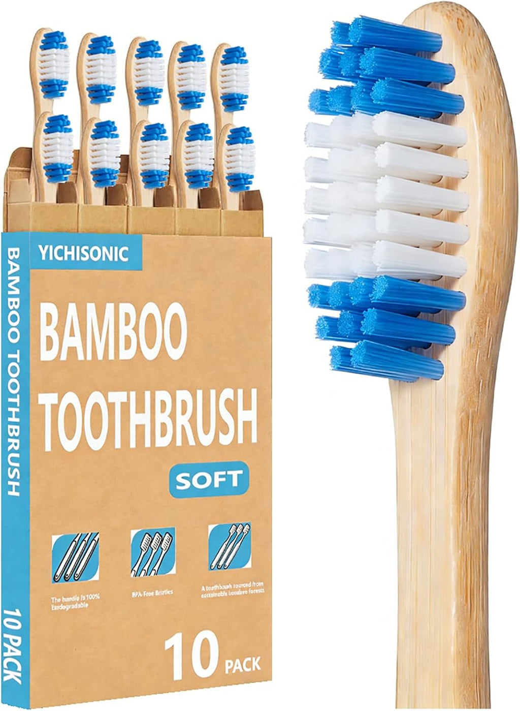 Bamboo Toothbrushes, 2-in-1 Soft & Medium Bristles Scientifically Arranged for Deep Cleaning, BPA-Free Biodegradable, 10-Pack for Adults, Ideal for Home & Travel