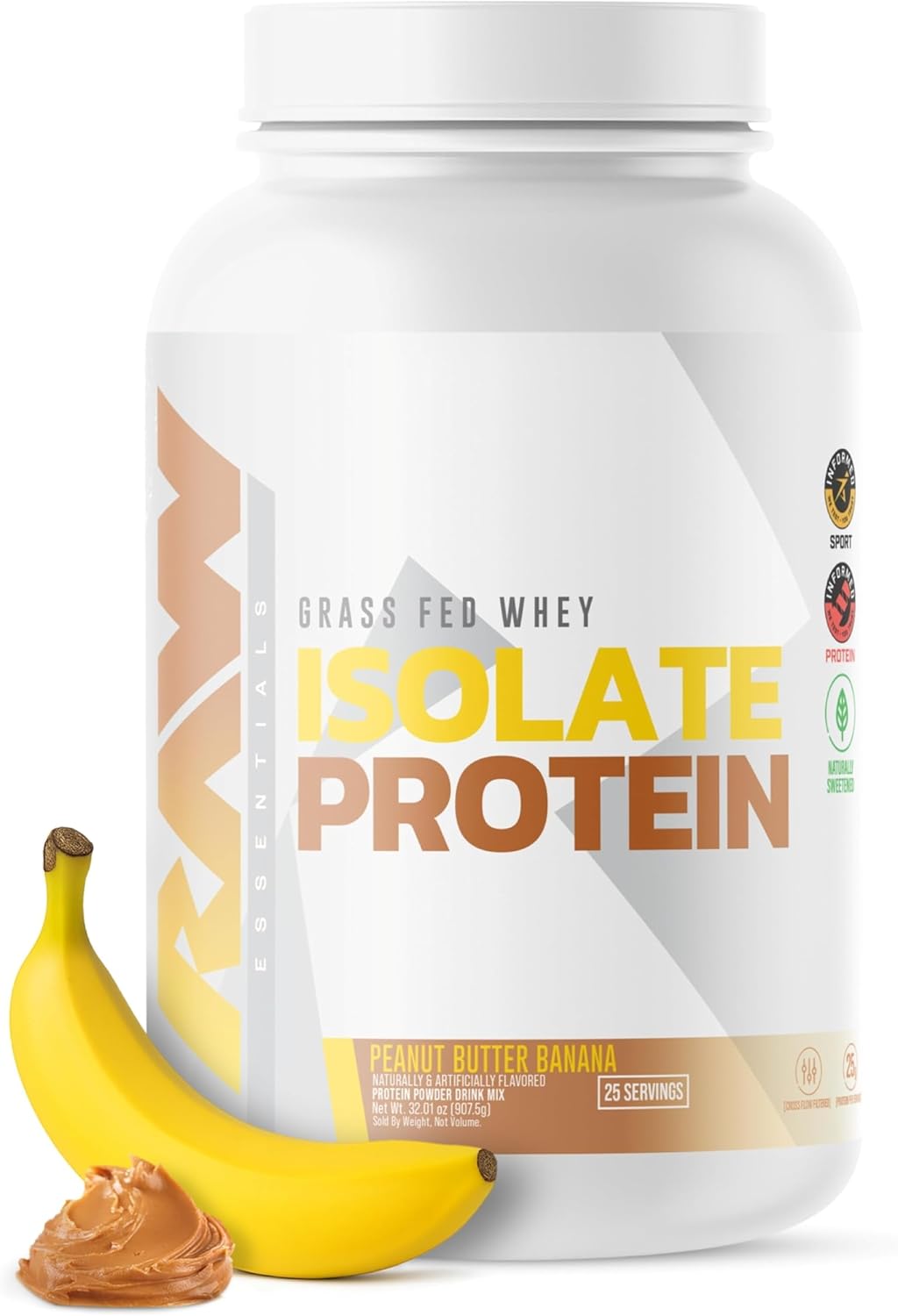 RAW Whey Isolate Protein Powder, Peanut Butter & Banana - 100% Grass-Fed Whey Protein Powder for Muscle Growth & Recovery - Low-Fat, Low Carb, Naturally Flavored & Sweetened - 25 Servings