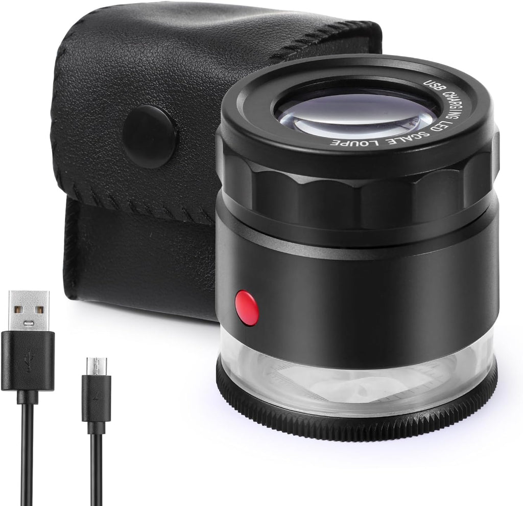 30X Loupe Magnifier, USB Rechargeable 8 Lights Portable Eye Loupe Sewing Magnifying Glass for Watches, Jewelry, Coins, Currency, Stamps