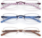 3 Pack Rimless Reading Glasses for Women Blue Light Blocking Readers Tinted Edge Spring Hinge Pattern Print Arm Eyeglasses Mix 1.75
