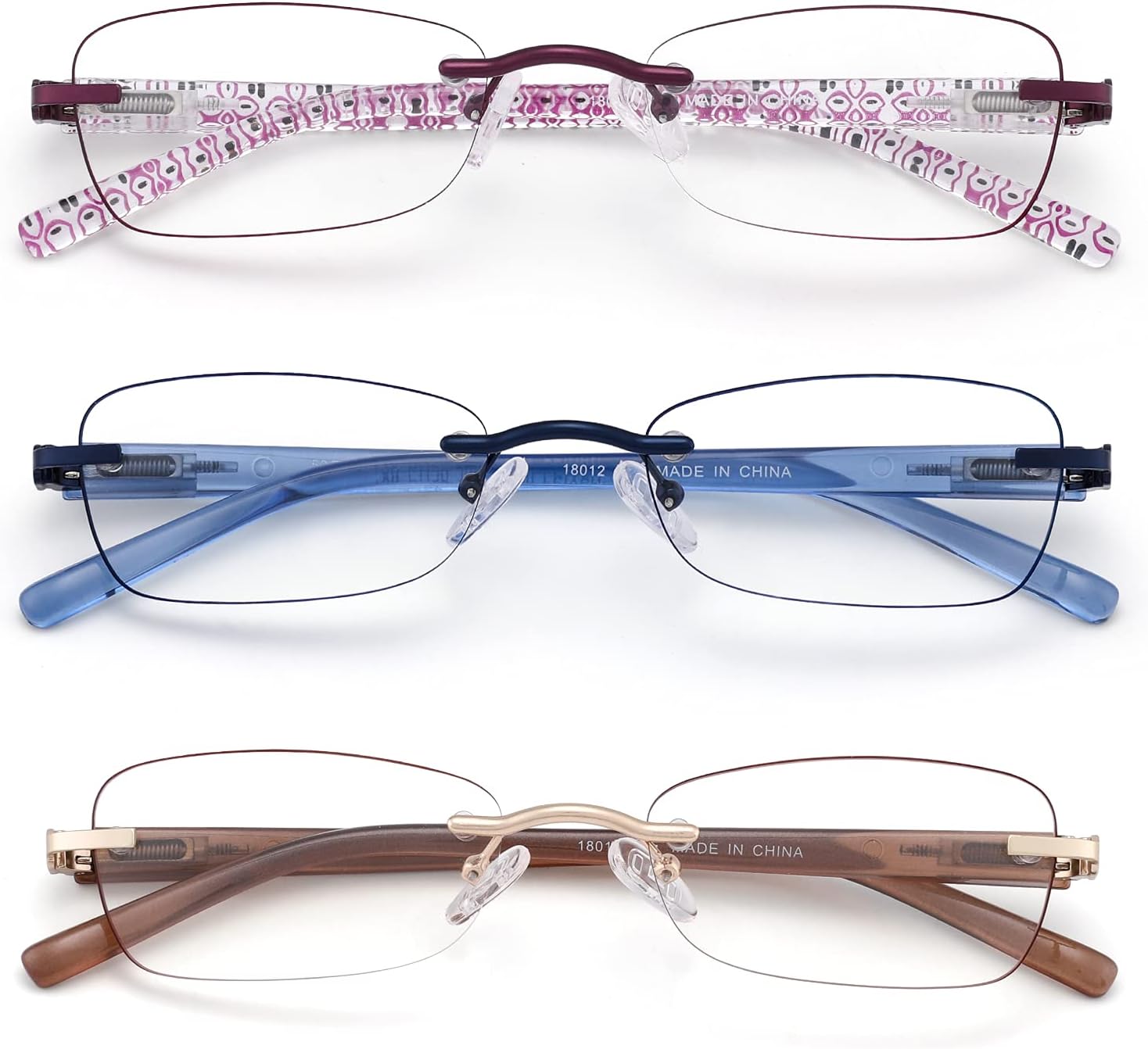 3 Pack Rimless Reading Glasses for Women Blue Light Blocking Readers Tinted Edge Spring Hinge Pattern Print Arm Eyeglasses Mix 1.75