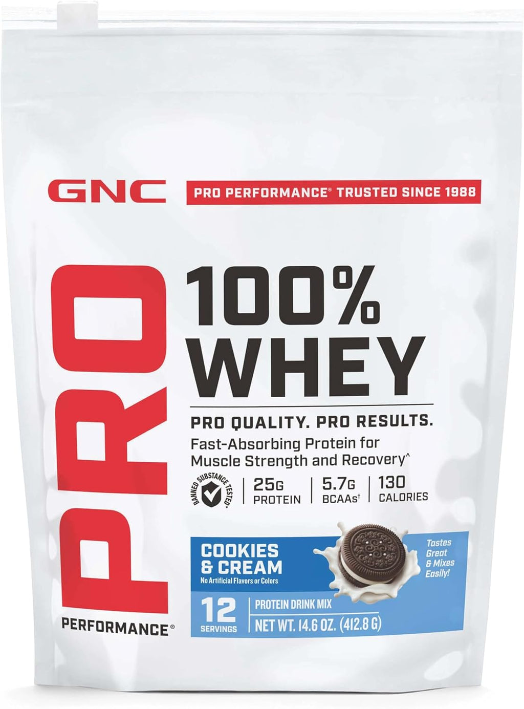 GNC Pro Performance 100% Whey Protein Powder 2.0, Fast Absorbing for Muscle Strength and Recovery, Cookies and Cream, 12 Servings