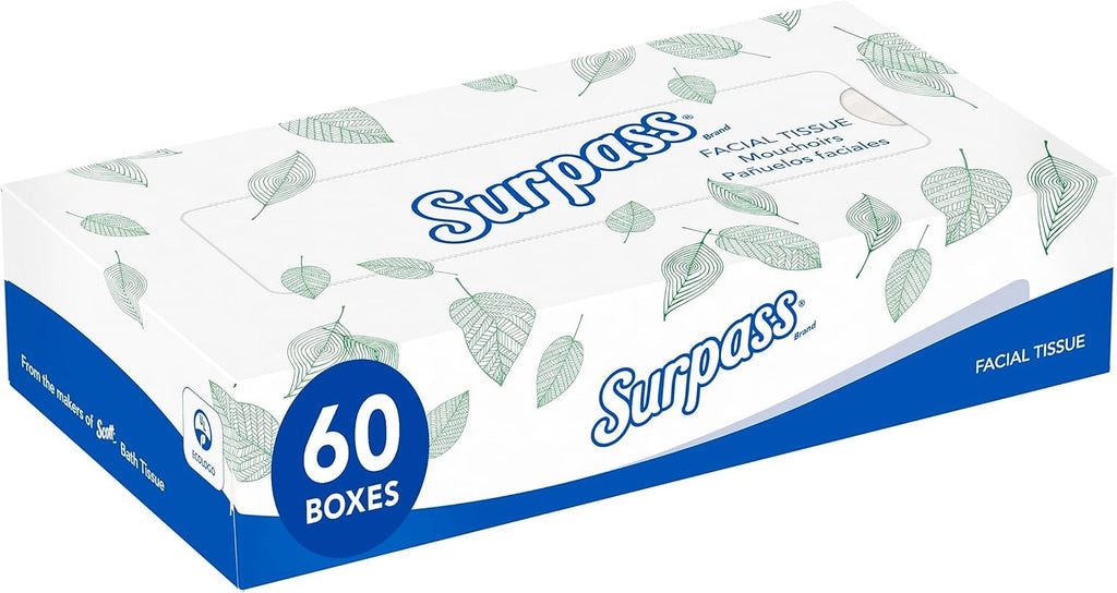 Surpass® Facial Tissues, Bulk (21390), 2-Ply, White, Flat Boxed Format, Ecologo, Designed for Business (125 Tissues/Box, 60 Boxes, 7,500 Sheets/Case)