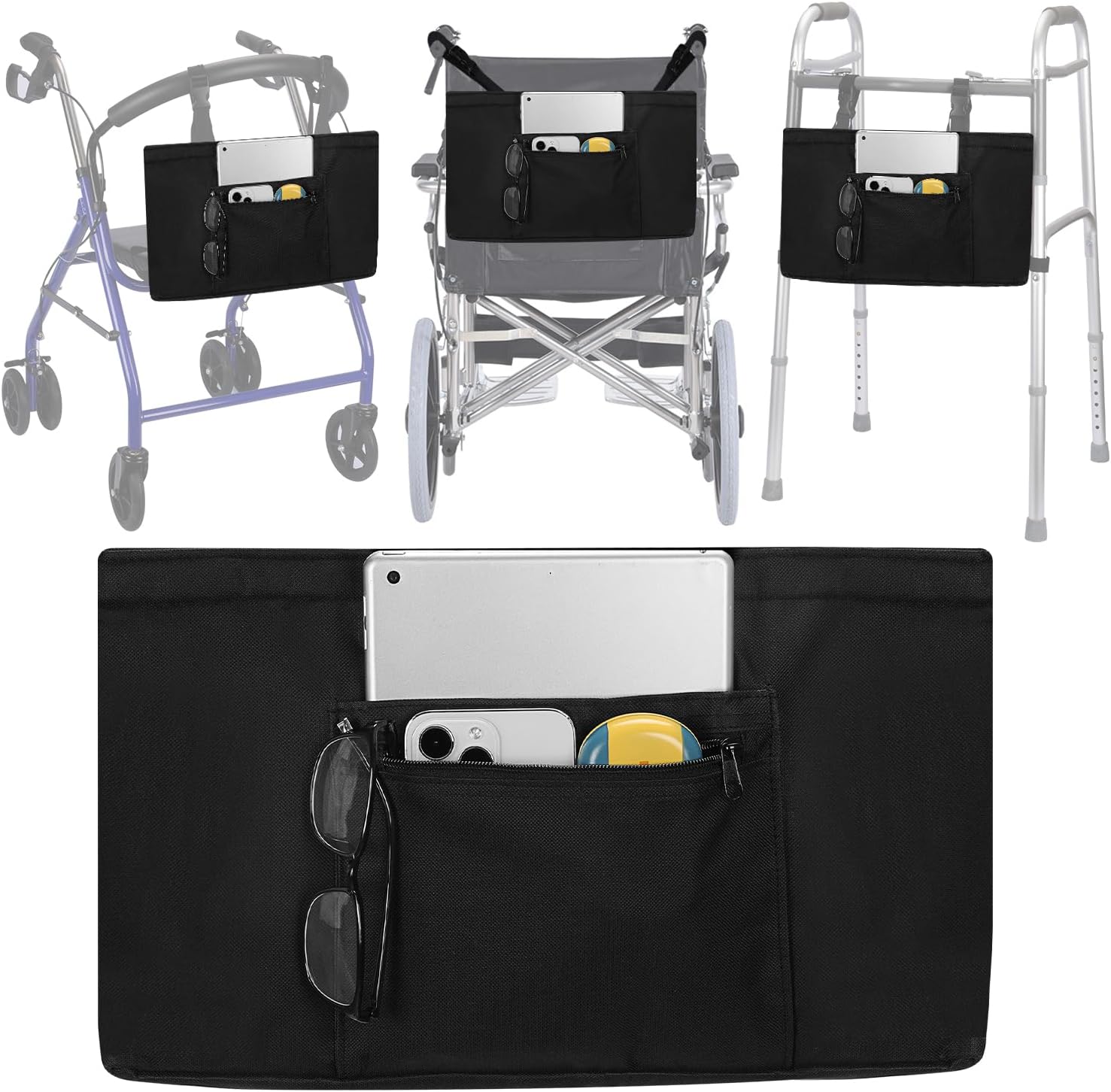 supregear Universal Accessories Bag for Walker, Wheelchair, Rollator, Scooters, Seniors Detachable Preserve Heat Cooler w/Cup Holder-Folding Walker Basket Waterproof Walker Caddy Pouch, Black
