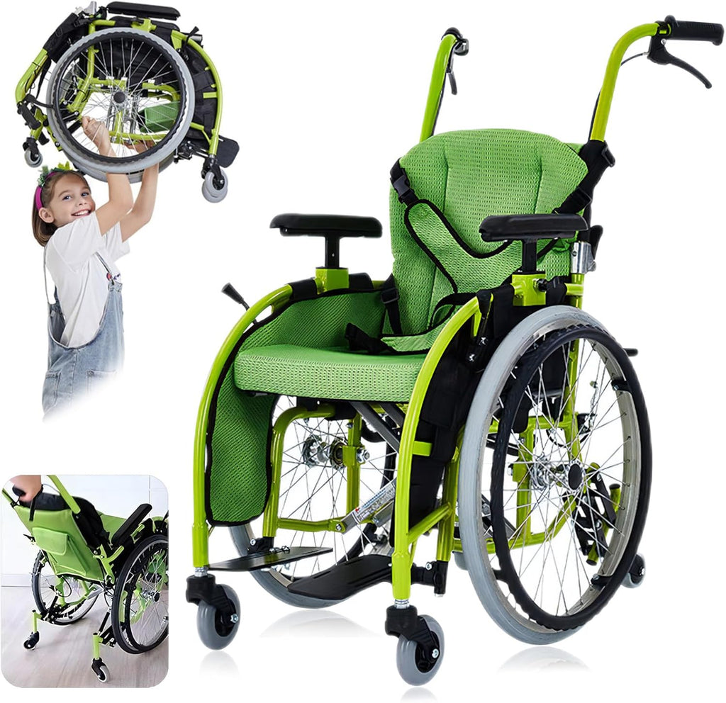 Pediatric Wheelchair for Kids & Children, Lightweight Aluminum Wheelchairs w/Safety Belt, Comfort and Mobility for Disabled Teens, Manual Folding Wheelchair w/Swing-Away Footrest, 14" W Seat