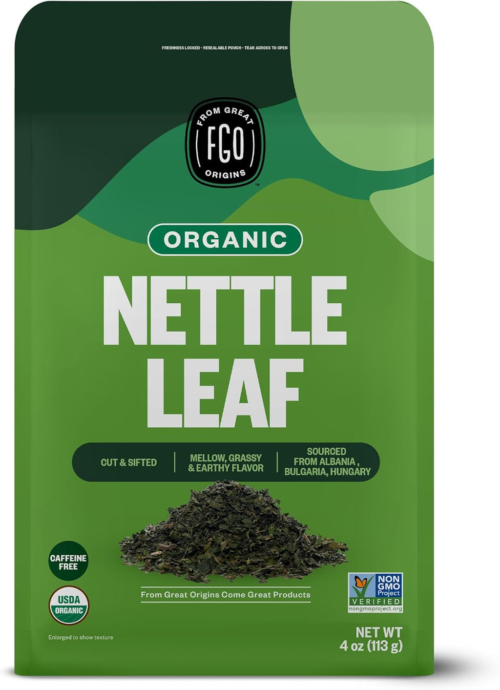 FGO Organic Nettle Leaf Loose Tea, Cut and Sifted, Caffeine Free, 4oz Resealable Bag, Packaging May Vary (Pack of 1)