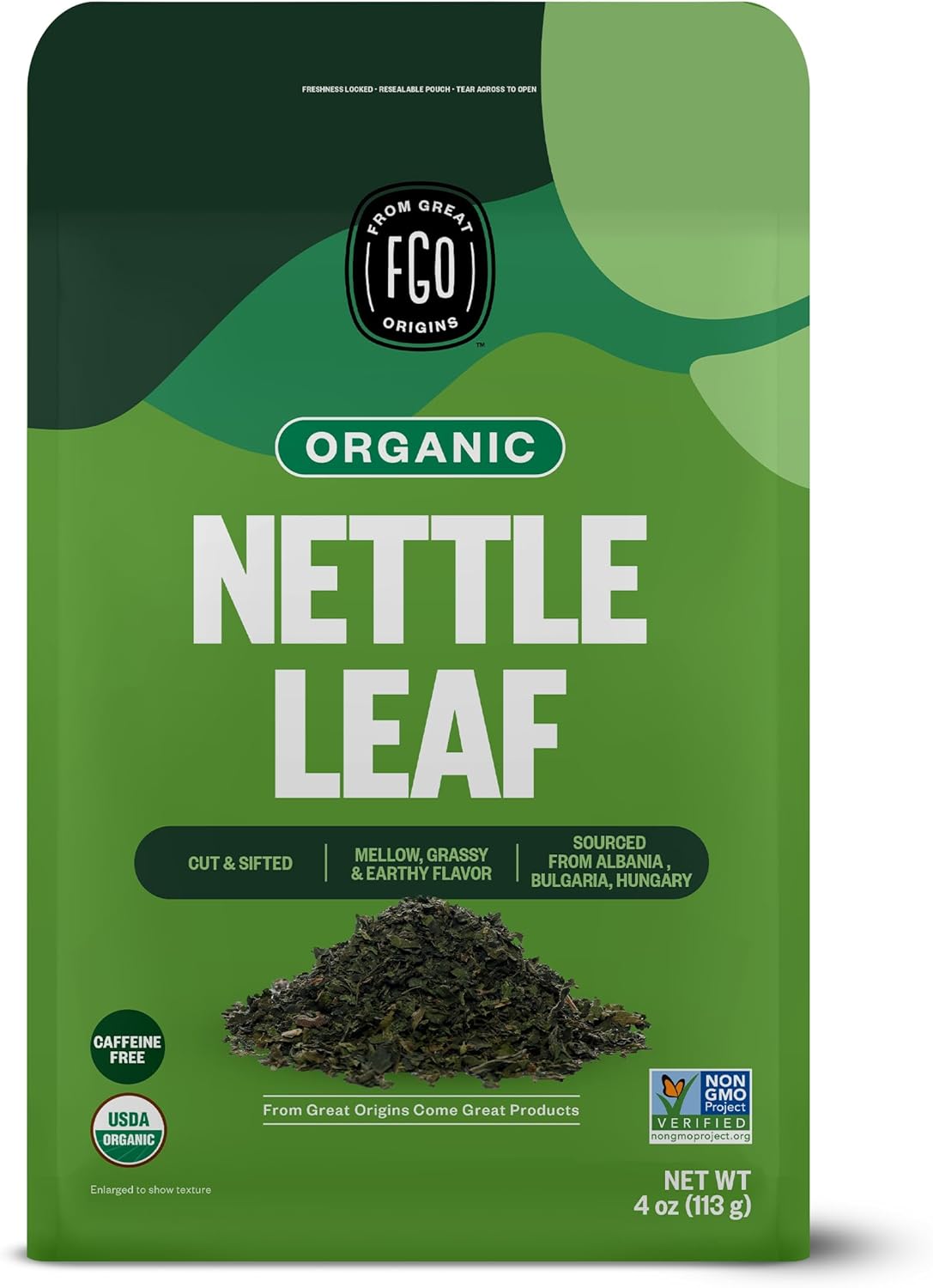 FGO Organic Nettle Leaf Loose Tea, Cut and Sifted, Caffeine Free, 4oz Resealable Bag, Packaging May Vary (Pack of 1)
