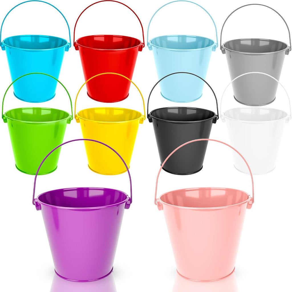 10 Pcs Mini Metal Bucket with Handle Small Colorful 4.73 x 3.94 x 3.19 Inch Bucket for Christmas Classroom Party Crafts Beach, 10 Colors