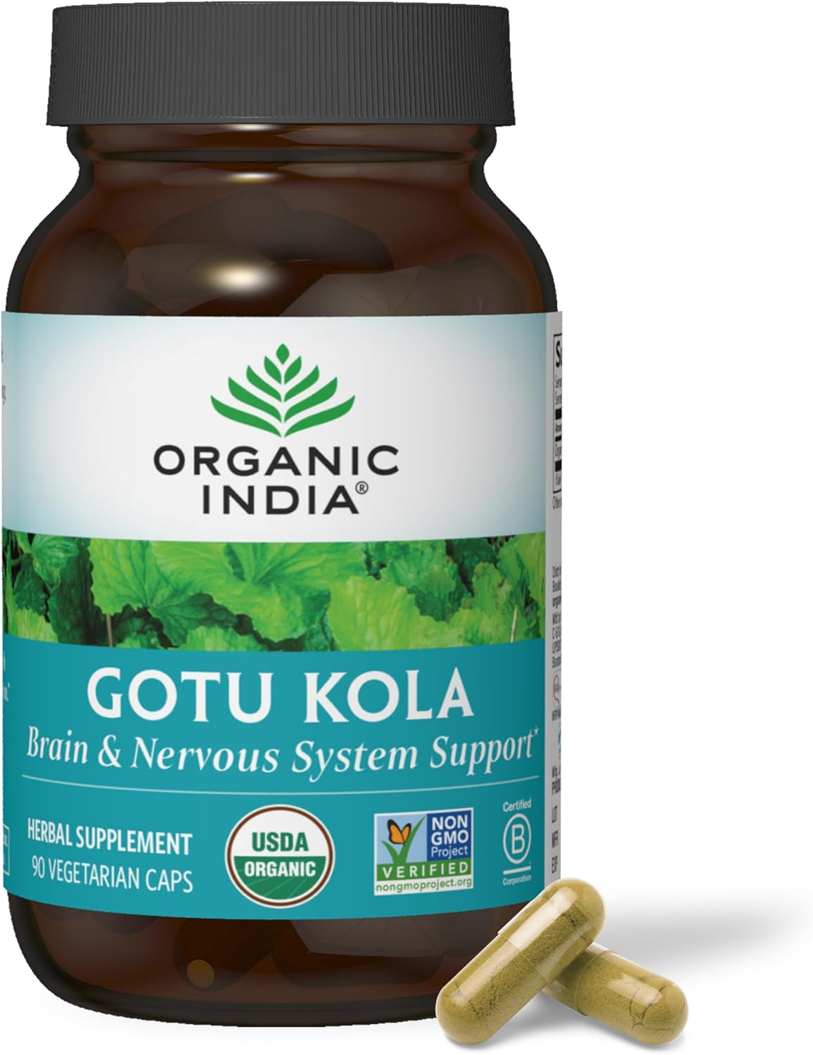 ORGANIC INDIA Gotu Kola Herbal Supplement - Adaptogen for Brain & Nervous System Support, Vegan, Gluten-Free, Kosher, USDA Certified Organic, Non-GMO, Calming, Mental Clarity - 90 Capsules