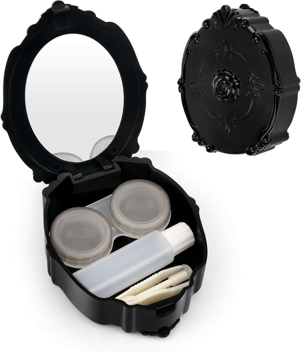 AHIER Contact Lens Case Rose Design Portable Contact Lenses Container Holder Storage Box for Home and Travel with Mirror