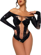 Lingerie for Women Fishnet Bodysuit Sexy One Piece Babydoll Teddy Mesh Outfits Sparkly Rhinestone Long Sleeve Hollow Top Black