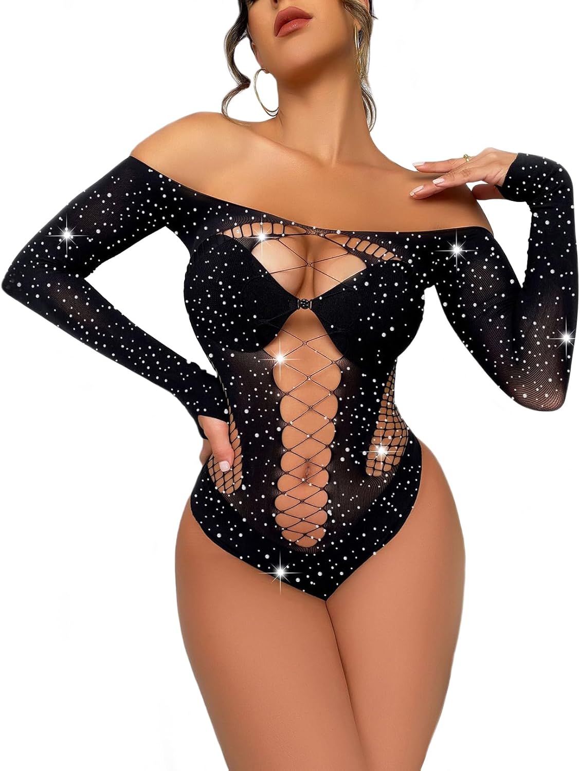 Lingerie for Women Fishnet Bodysuit Sexy One Piece Babydoll Teddy Mesh Outfits Sparkly Rhinestone Long Sleeve Hollow Top Black