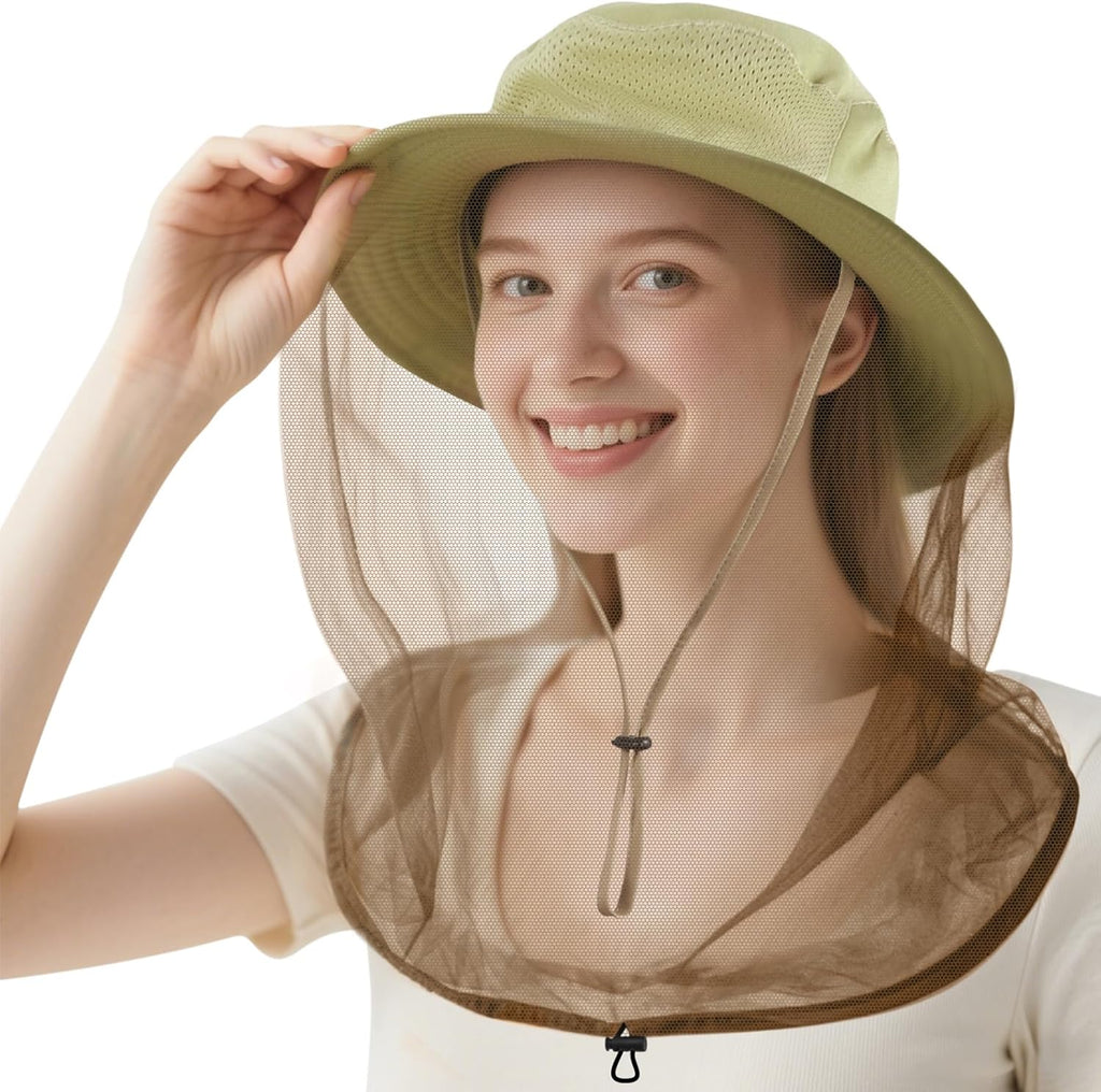 Mosquito Net Hat for Women Men - Sun Protection Hat with Foldable Mesh, Fishing & Hiking Hat with Ponytail for Beach, Safari