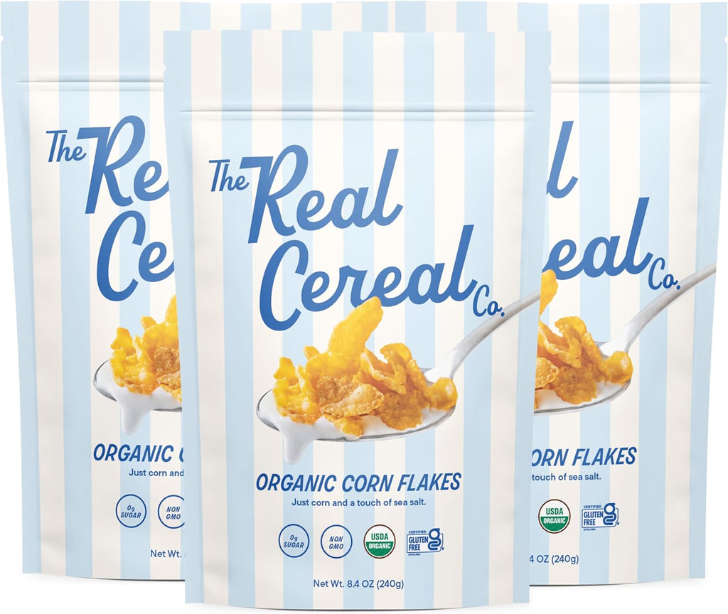 The Real Cereal Company, Organic Corn Flakes Cereal 3-Pack, Zero Sugar, Gluten Free, Non-GMO, Made in USA