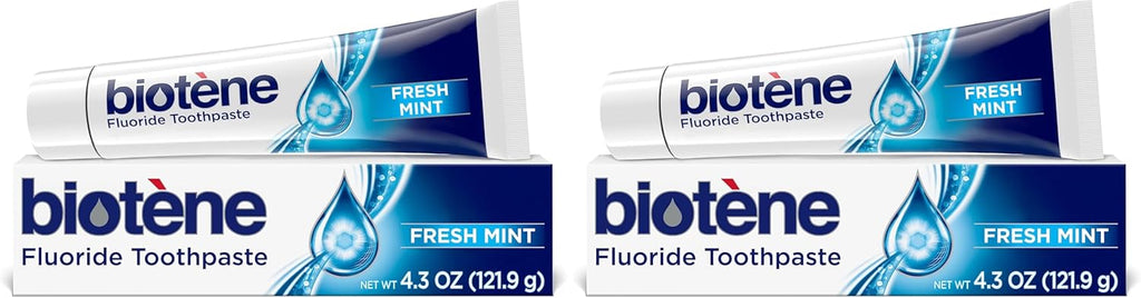 biotène Fluoride Toothpaste for Dry Mouth Symptoms, Bad Breath Treatment and Cavity Prevention, Fresh Mint - 4.3 oz (Pack of 2)