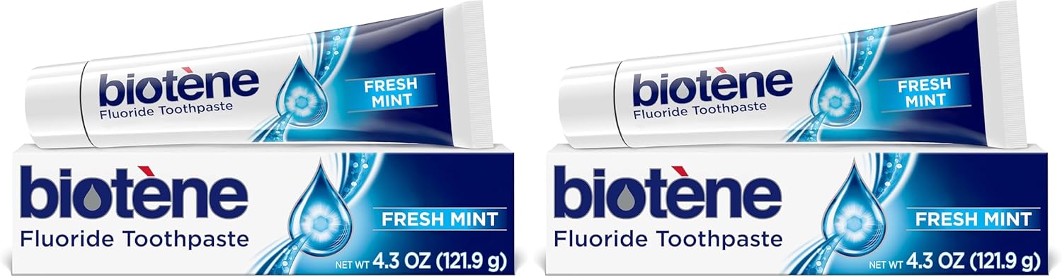 biotène Fluoride Toothpaste for Dry Mouth Symptoms, Bad Breath Treatment and Cavity Prevention, Fresh Mint - 4.3 oz (Pack of 2)