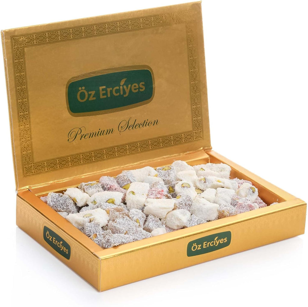 Assorted Turkish Delight Mix – Pistachio, Pomegranate, Milk & Coconut Walnut Lokum, Gourmet Turkish Candy Gift Box, Dulces Turcos, 17.6 oz (500g) (Pistachio-Mixed)