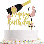 Champagne Happy Birthday Cake Topper, Unique Gold Champagne Happy Birthday Toppers, Cheers to Birthdays for Men's and Women's Party Cake Toppers