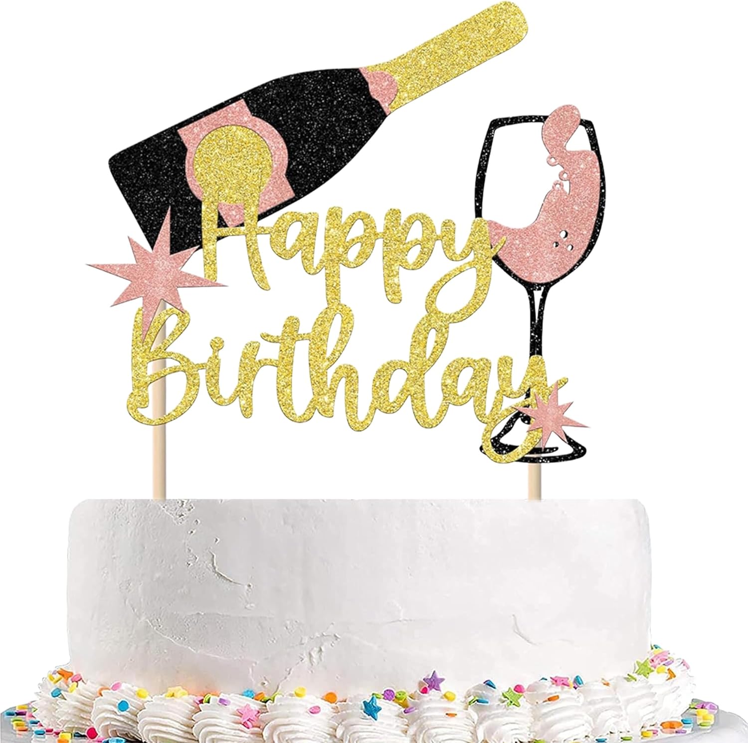 Champagne Happy Birthday Cake Topper, Unique Gold Champagne Happy Birthday Toppers, Cheers to Birthdays for Men's and Women's Party Cake Toppers