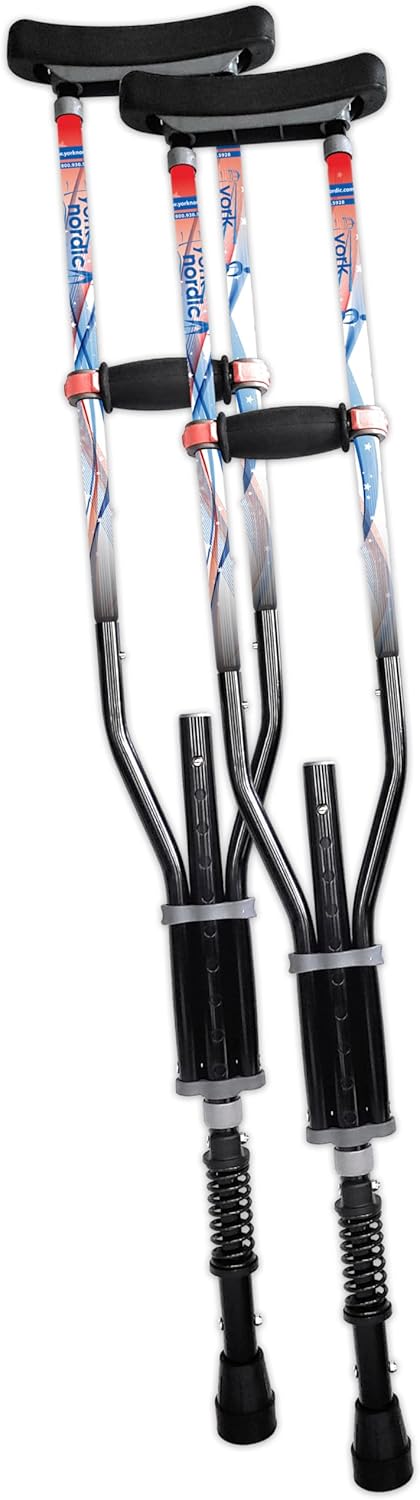 York Nordic - Spring Cushion Crutches Perfect for Sports Injuries and Travel - Heights 4'7" to 6'6" - Adjust Down to 22" for Travel