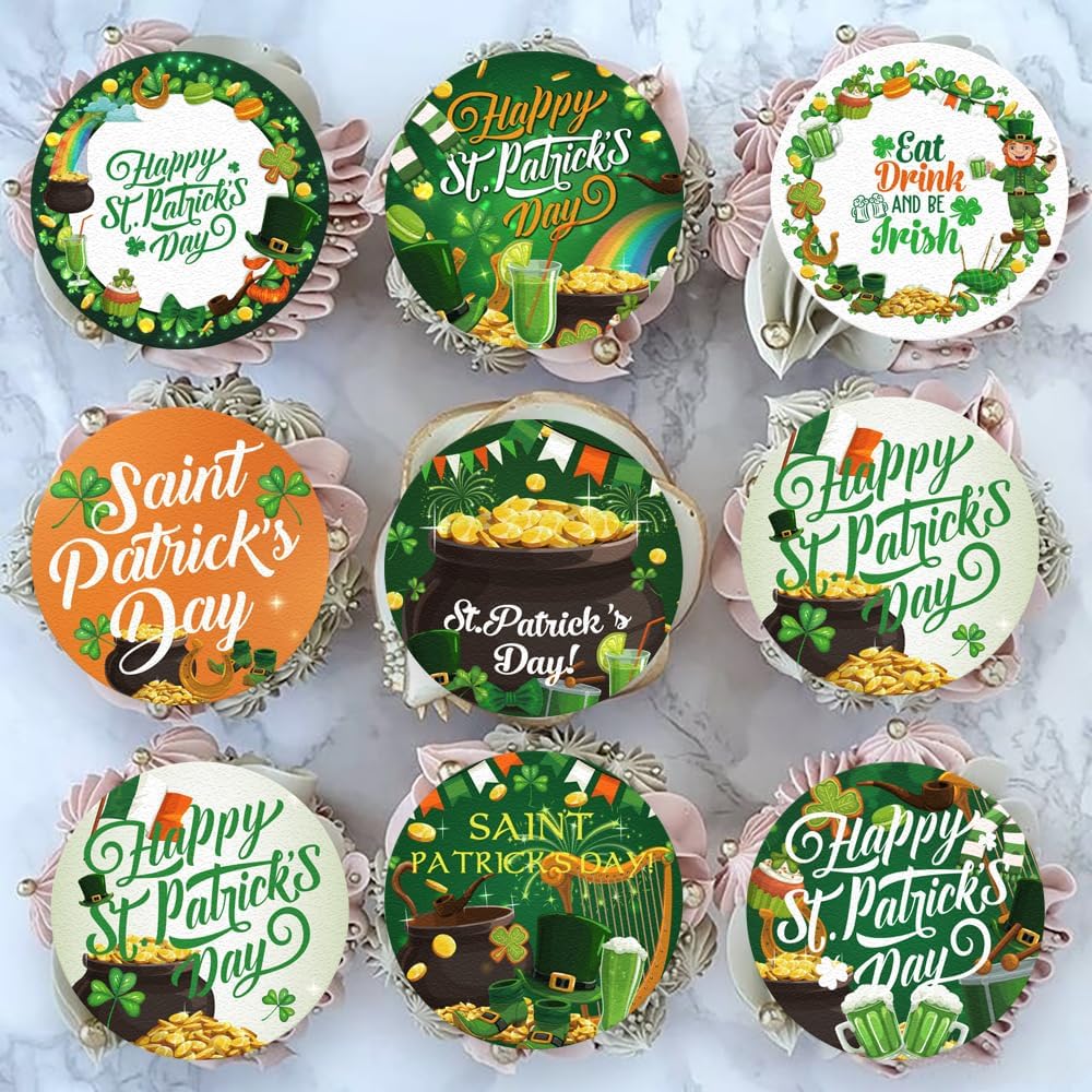 36PCS Edible Happy St Patrick’s Day Cupcake Toppers Wafer Paper Lucky Day Cupcake Picks for Four Leaf Clover Irish Theme Baby Shower Birthday Party Cake Decoration Supplies
