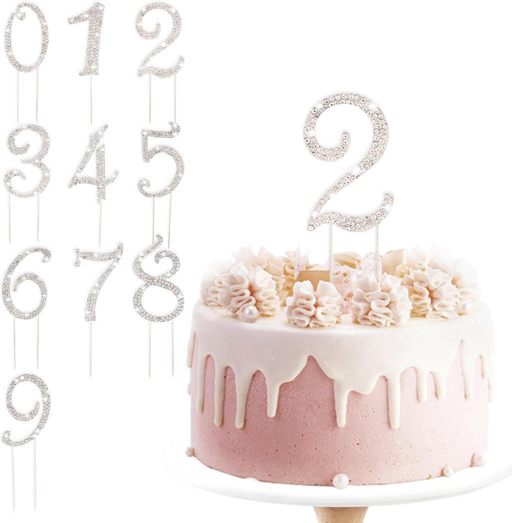 BEIDHIA Number Cake Topper 0-9,Silver Bling Rhinestone Happy Birthday Cake Topper for 2nd 12th 21st 30th 40th 60th 70th Birthday Party Anniversary Wedding Cake Decorations
