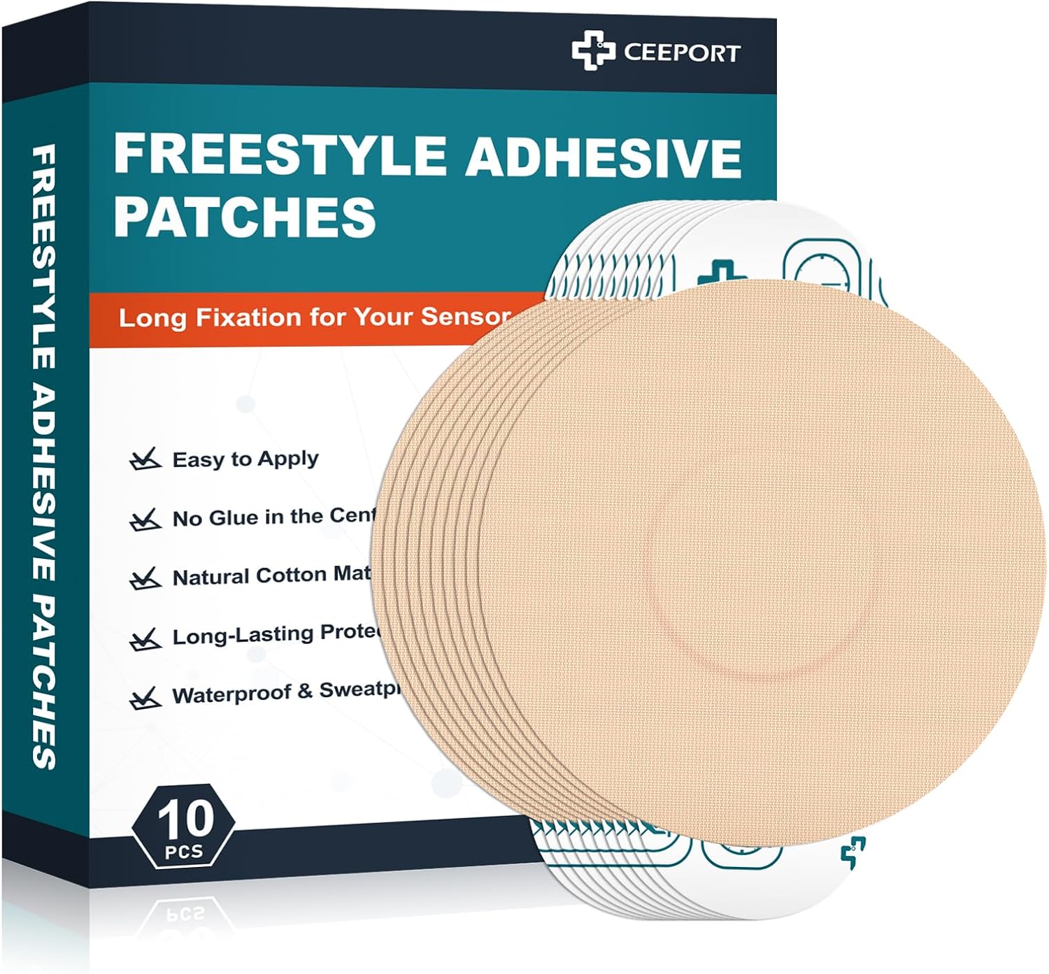 Ceeport 10 Pack Freestyle Adhesive Patches, Sensor Covers Intended for Freestyle Libre 2/3-Enlite-Medtronic Guardian, CGM Sensor Patches, No Glue in The Center, Long Fixation for Your Sensor(Tan)