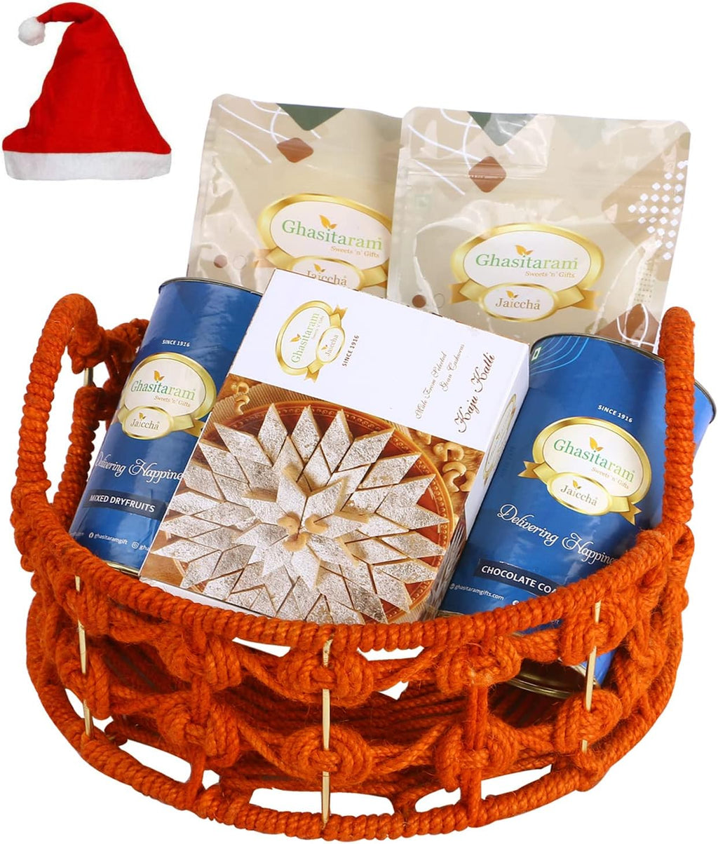 Jaiccha Ghasitaram Christmas Gifts Orange Jute Basket of assortments with Kaju Katli