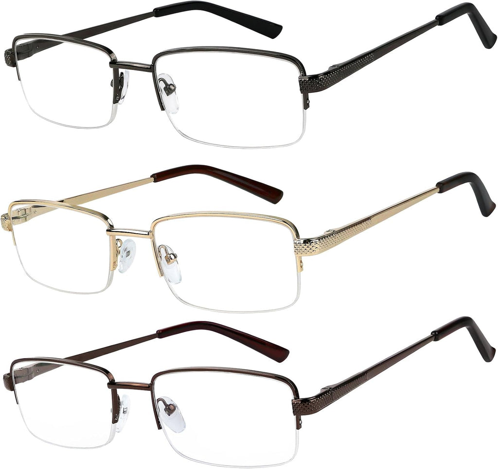 Success Eyewear Reading Glasses Set of 3 Half Rim Metal Glasses for Reading Quality Spring Hinge Readers Men and Women