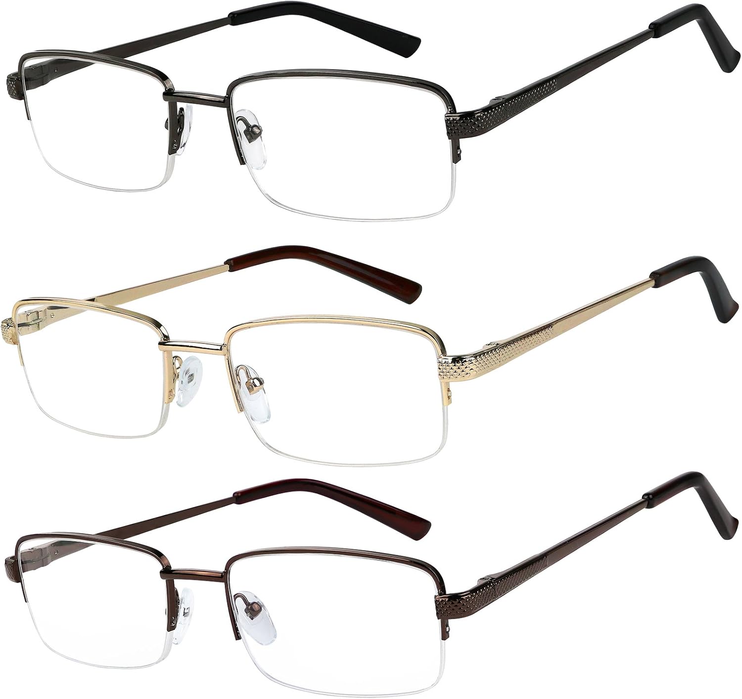 Success Eyewear Reading Glasses Set of 3 Half Rim Metal Glasses for Reading Quality Spring Hinge Readers Men and Women