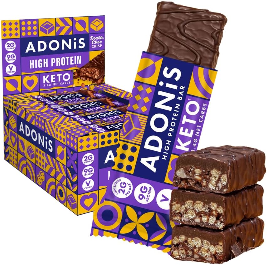 Adonis Keto Double Choc Crisp High Protein Bar (16 x 45g Bars) | Vegan & Keto Friendly | 100% Natural | Sugar Free, Palm Oil Free, Dairy Free | Low Sugar