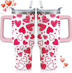 40oz Valentines Day Tumbler with Handle and Straw, Heart Stainless Steel Vacuum Insulated Cup, Travel Mug Water Bottle, Birthday Christmas Gifts for Wife Girlfriend Bride
