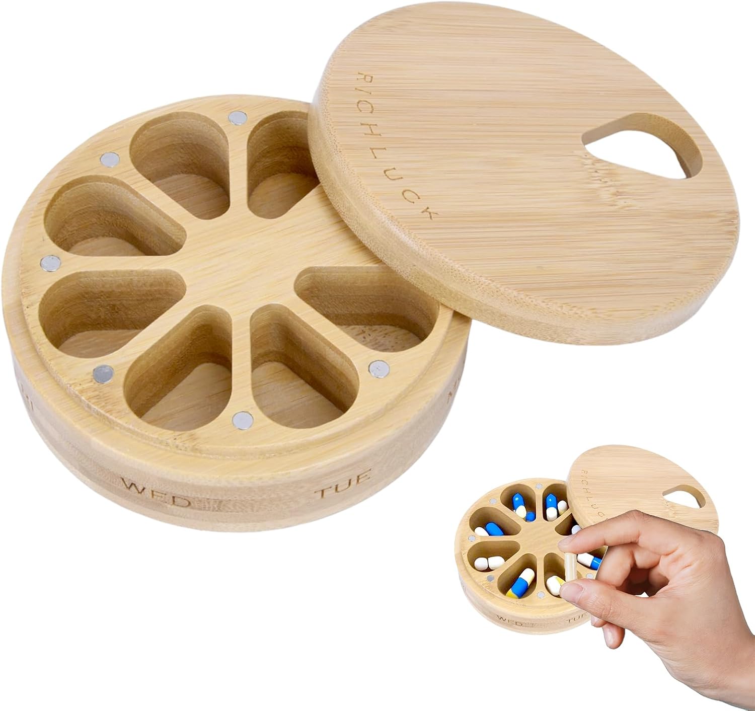 Wood Pill Organizer, Wood Medicine Organizer, Travel Pill Organizers, Bamboo Pill Organizer Used to Store Pills, Pill Box Day Improved Design with Days of The Week