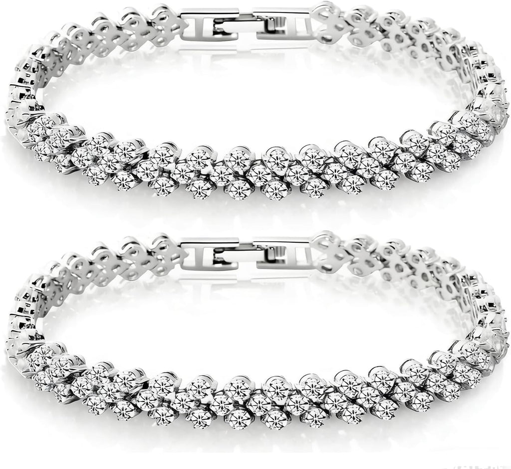 2-Pack 925 Sterling Silver Rhinestone Tennis Bracelets for Women, Vintage Couples Hollow Wavy Design Bangles with Secure Clasp, Elegant Jewelry for Wedding, Party, Evening Wear