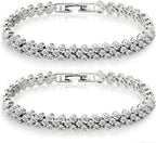 2-Pack 925 Sterling Silver Rhinestone Tennis Bracelets for Women, Vintage Couples Hollow Wavy Design Bangles with Secure Clasp, Elegant Jewelry for Wedding, Party, Evening Wear